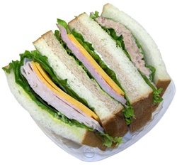 Sandwich, Variety Tuna Salad, Ham, & Turkey halves in clear containers